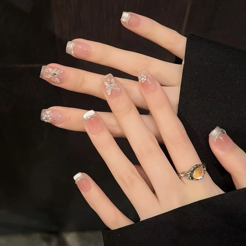 Butterfly Press On Nails Artificial Pearl Rhinestone French Pink Gradient Cat Eye Effect Square Round DIY Manicure Accessory