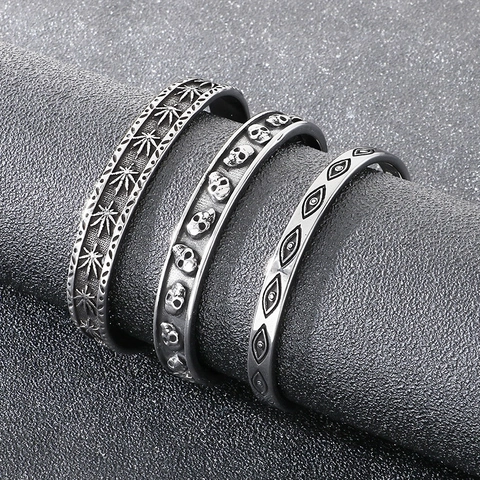 Vintage Stainless Steel Cuff Bangle Bracelet For Men Punk Gothic Skull Evil Eye Maple Leaf Carved Open Jewelry