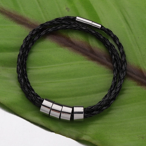 Braided PU Leather Bracelet 304 Stainless Steel Polished Slide Beads Magnetic Clasp Industrial Style Jewelry