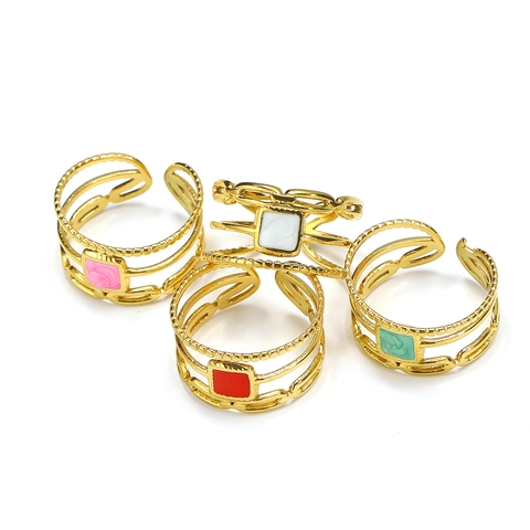 18K Gold Plated Stainless Steel Layered Chain Ring Adjustable Square Enamel Open Ring For Women Fashion Jewelry