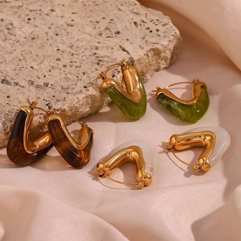 French Vintage Stainless Steel Geometric Hoop Earrings 18K Gold Plated Resin Patchwork Earrings For Women Fashion Jewelry