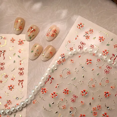 Nagelstickers 3D Reliëf Brons Goud Rode Bloem Strik Franse Stijl DIY Manicure Ultradun Zelfklevend