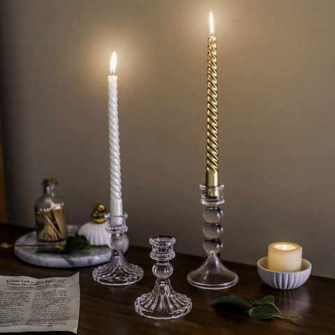 Glass Candle Holder Transparent Crystal Candlestick For Taper Candles Nordic Style Ribbed Diamond Design Table Centerpiece