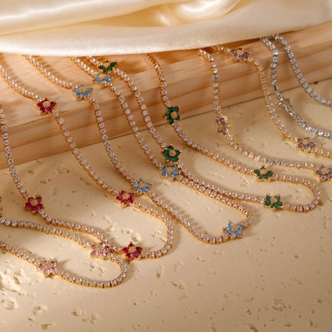 Shiny Colorful Flower Tennis Chain Necklace For Women Copper With Micro Pave Zircon Elegant Light Luxury Style Jewelry