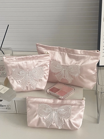 Borsa Per Cosmetici In Raso Con Ricamo A Fiocco Rosa Elegante Pochette Per Trucco Con Cerniera A Perla Artificial Organizer Da Viaggio Per Donna