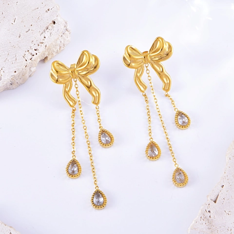 Collana E Orecchini Con Pendente A Fiocco Con Nappa In Acciaio Inossidabile Oro Strass A Goccia D'Acqua Gioielli Da Donna Stile Retro