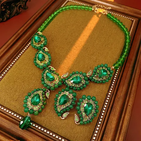 Gioielli Vintage Verdi A Goccia D'acqua Da Donna Lega Strass Stile Palazzo Barocco Collana E Orecchini