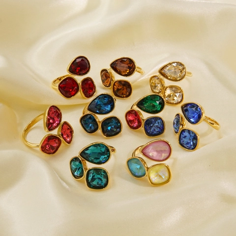 Colorful Zircon Open Ring Stainless Steel Gold Plated Three Stone Water Drop Pear Square Cluster Adjustable Jewelry