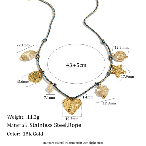 Collier Pendentif Étoile Cœur Acier Inoxydable Plaqué Or 18K Corde Tissée Vintage Bohème Perles Colorées Bijoux Pour Femmes