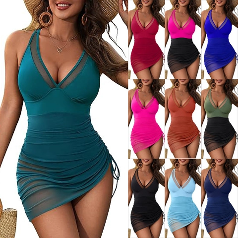 Women Swimdress Mesh V Neck Ruched Halter Swimsuit Tummy Control Side Ties Bathing Suit Beach Vacation