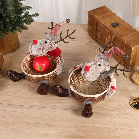 Christmas Reindeer Candy Basket Woven Wood Plush Elk Storage Bin Festive Table Decoration Holiday Chocolate Holder