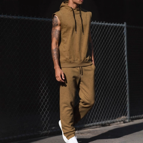 Men Sleeveless Hoodie And Jogger Pants Cotton Polyester Distressed Streetwear Casual Tracksuit