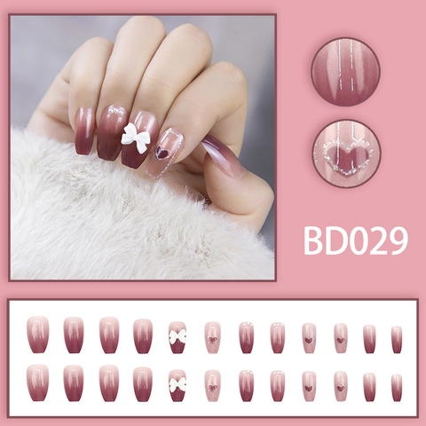 French Heart Press On Nails Gradient Purple Pink Sweet 3D Bow Knot Artificial Pearl Plastic Decorative For Women False Nails