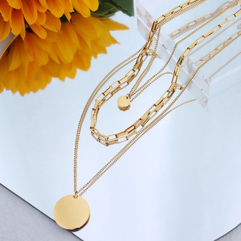 Triple Layer Necklace Titanium Steel 18K Gold Plated Paperclip Chain Round Disc Pendant Geometric Minimalist For Women