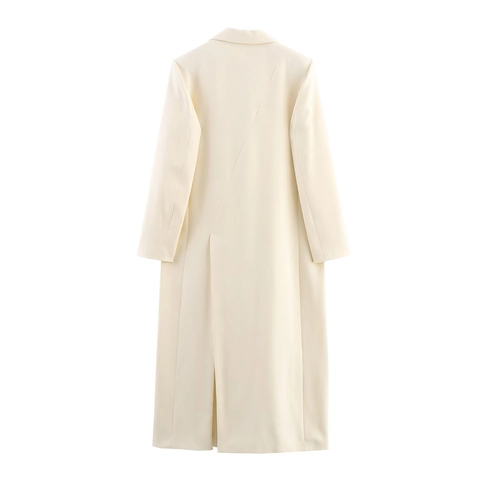 Cappotto Blazer Lungo Da Donna Collo A Revers Monopetto Tinta Unita Sopra Il Ginocchio Elegante Poliestere Beige Streetwear Casual