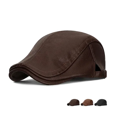 Retro PU Leather Flat Cap Litchi Texture Fleece Lined Warm Adjustable Ivy Hat Winter Casual Windproof Newsboy Cap
