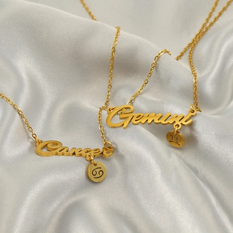 Zodiac Name Pendant Necklace Stainless Steel 18K Gold Plated Constellation English Letter Minimalist Jewelry For Women Men