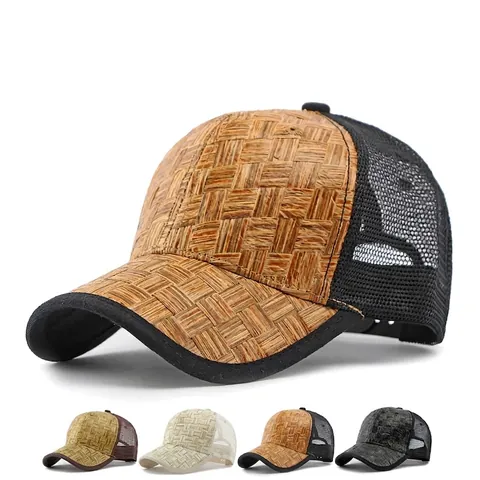 Baseball Cap Straw Woven Peaked Hat Hard Top Breathable Mesh Back Sun Protection Summer Outdoor Adjustable For Men Women