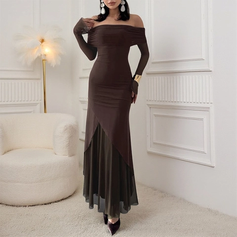 Off-The-Shoulder Mesh-Patchwork-Maxikleid Schlanke Passform Langarm Meerjungfrau-Saum Elegantes Abendkleid Damen