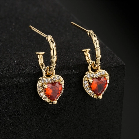 Pendientes De Aro Con Colgante De Corazón Cobre Chapado En Oro 18K Circón Colorido Diseño Halo Joyería Para Mujer