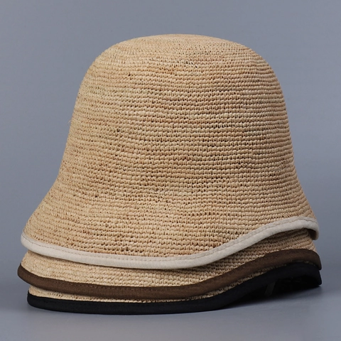 Women Raffia Straw Bucket Hat Foldable Summer Sun Hat Breathable Hand Crochet Cloche Vacation Casual Simple