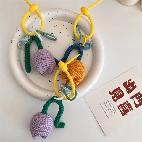 Hand Crocheted Tulip Bag Charm Knitted Flower Keychain For Backpack Handbag Decor Ins Style Gift For Women Girls