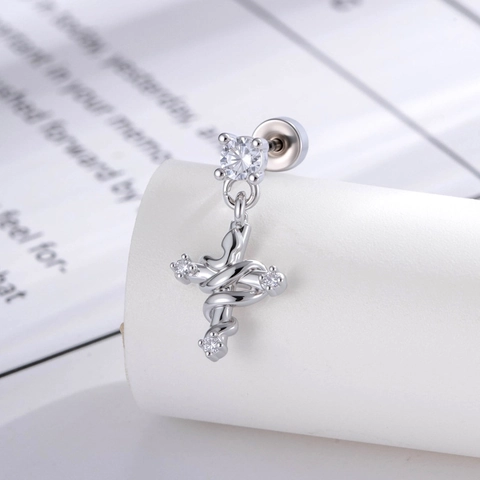 Snake Wrapped Cross Ear Stud Piercing Titanium Steel Copper Zircon Micro Paved Punk Goth Jewelry For Men Women