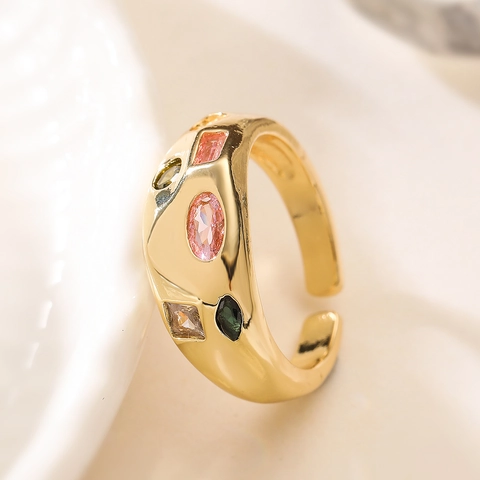 European Style Gold Plated Copper Ring Multicolor Rhinestone Geometric Open Finger Ring For Women Minimalist Jewelry Gift