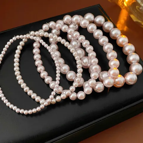 Elegant Imitation Artificial Pearl Beaded Bracelet French Vintage Style Round Bead Versatile Fashion Women Jewelry Lavender Pink
