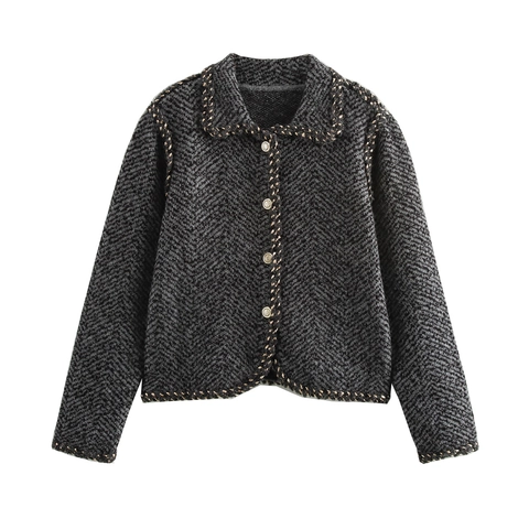 Veste En Tricot À Chevrons Pour Femmes Cardigan Court Style Tweed Bordure Tressée Boutons Métalliques Élégant