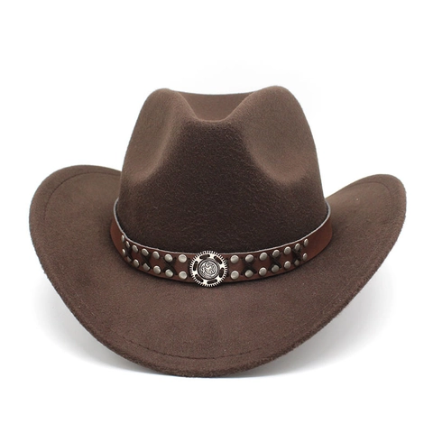 Chapeau De Cowboy Occidental Feutre De Laine Large Bord Ceinture En Cuir Rivets Métalliques Vintage Équitation Hommes Femmes