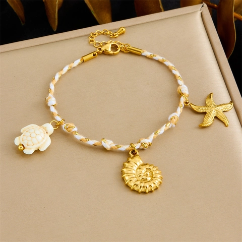 Bracciale Con Ciondoli Oceano Acciaio Inossidabile Corda Intrecciata Tartaruga Marina Conchiglia Stella Marina Regolabile