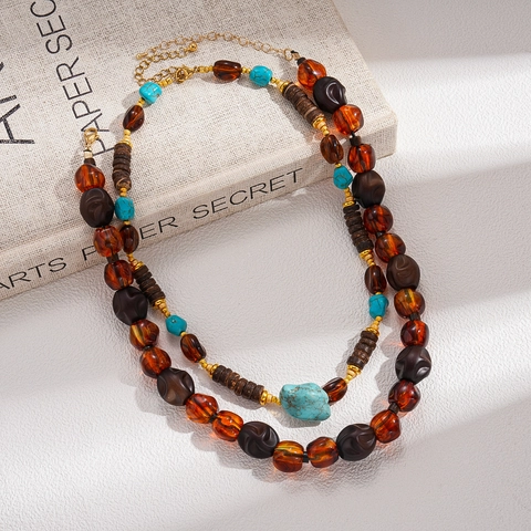Collana Di Perline Bohémien Vintage Acrilico Legno Turchese Doppio Strato Gioielli Da Collo Retro Per Donne