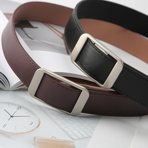 Minimalist PU Leather Belt With Zinc Alloy Rectangular Buckle Holeless Versatile Casual Waist Strap For Men Women