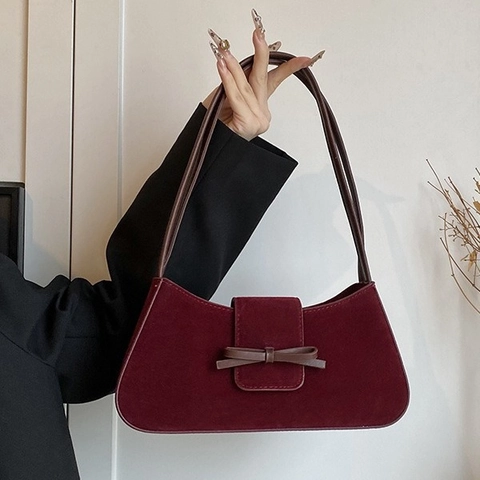 Bolso De Axila Para Mujer Textura De Gamuza Con Lazo Elegante Color Sólido PU Bolso De Hombro Accesorio Moda
