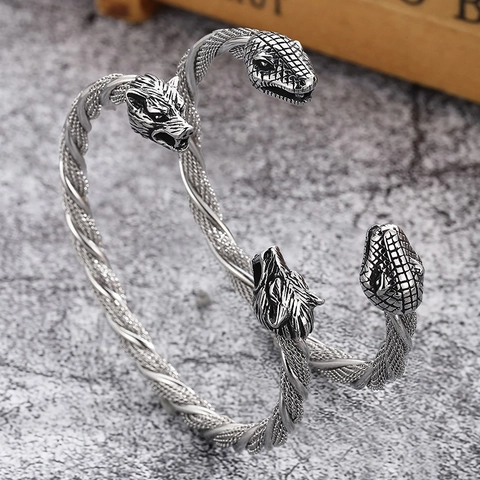 Vintage Viking Wolf Slangenkop Open Armring 316L Roestvrij Staal Gedraaid Gaas Punk Retro Bangle Voor Heren