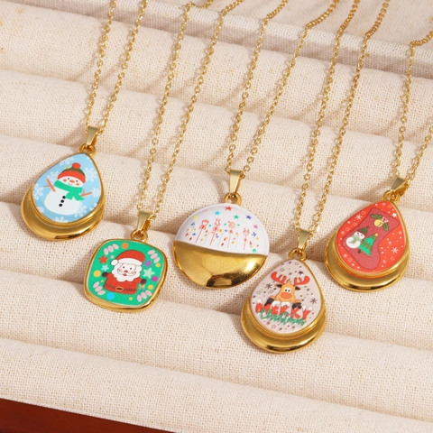 Enamel Christmas Pendant Necklace Gold Plated Alloy Santa Claus Snowman Reindeer Festive Jewelry For Women