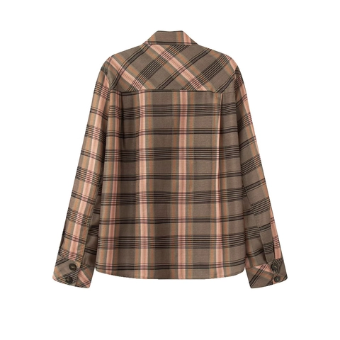 Women Plaid Shirt Jacket Long Sleeve Single Breasted Loose Fit Asymmetric Hem Retro Vintage Polyester Shacket Blouse