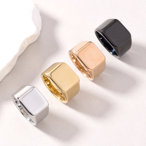 Minimalist Signet Ring Stainless Steel Geometric Polished Brushed Square Rectangle Heart Cross Jewelry For Men Women