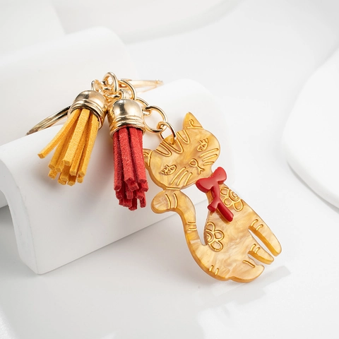 Süße Katze Schlüsselanhänger Acryl Harz Bernstein Textur Gold Metall Mit Quasten Mode Tasche Anhänger
