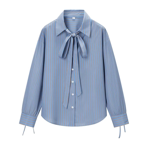 Gestreifte Langarmbluse Mit Schluppe Polyester Gewebtes Lässiges Bürohemd Für Damen Elegante Blaue Oberteile