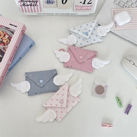 Cute Angel Wings Mini Coin Purse Envelope Style Polyester Star Print Heart Button Earphone Storage Bag Portable Pouch