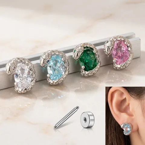 Slang Oorkraakbeen Stud Titanium Staal Ovaal Zirkoon Ingelegd Schroef Terug Oorbellen Vintage Punk Stijl Dames Sieraden