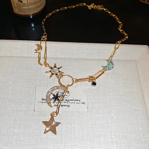 Stern Mond Anhänger Halskette Legierung Strass Büroklammer Kette Asymmetrisch Vintage Französisch Palast Stil Schmuck Damen