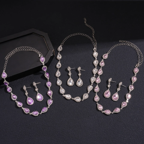 Elegante Schmuck Halskette Und Ohrringe Im Palaststil Wassertropfen Strass Eingelegtes Kupfer Luxus Für Damen
