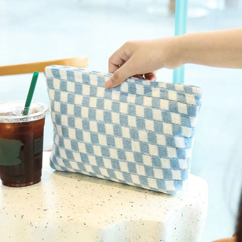 Checkerboard Knitted Makeup Bag Large Capacity Travel Wash Organizer Pouch Portable Handbag For Women