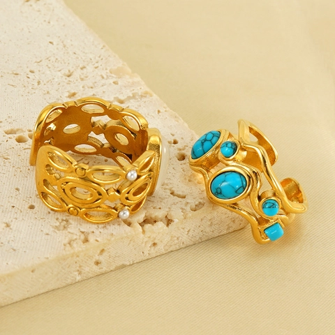 Vintage 18K Gold Plated Stainless Steel Open Rings For Women Inlaid Natural Stone Malachite Turquoise Adjustable Jewelry