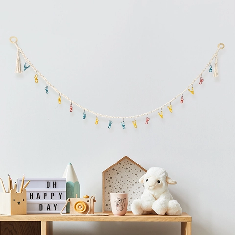 Gewebtes Baumwollseil Fotodisplay Hängekette Mit Holzringen Und Bunten Clips Nordische Wanddekoration Für Kinderzimmer