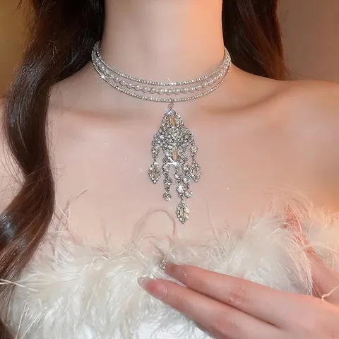 Collana Choker Multistrato Lega Künstliche Perle Sintetiche Strass Ciondolo Nappa Elegante Gioielli Retrò Per Donna