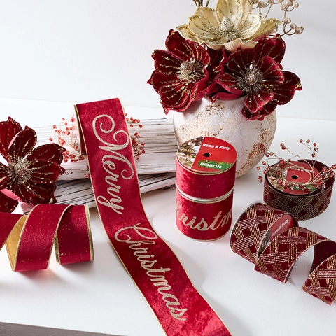 Nastro Natalizio In Velluto Rosso Stampa Merry Christmas Dorata Decorazione Albero E Confezione Regalo Accessorio Per Feste